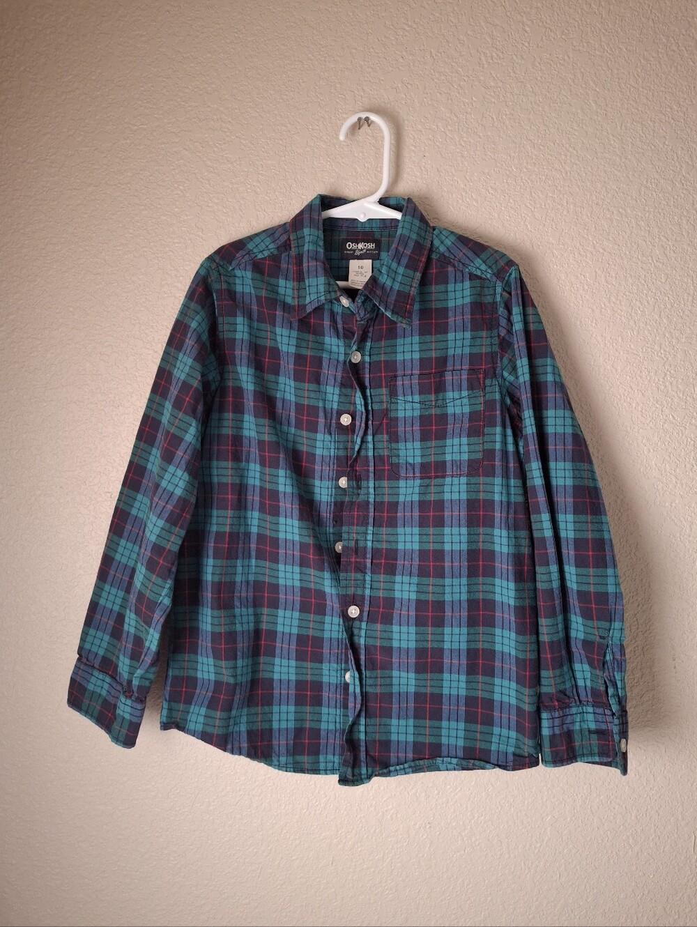 Boys Long Sleeve Oshkosh & Navy Plaid Holiday Button-Up Shirt for Kids Sz 10
